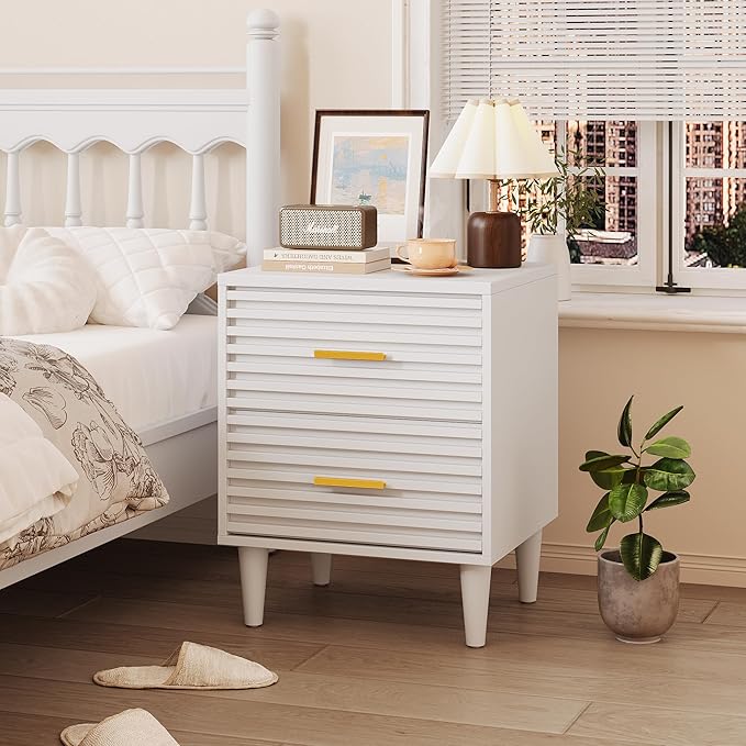 Alohappy Mid Century Modern Nightstand, Fluted Bedside Table with Storage Drawers, End Table for Bedroom, Living Room, White 1pc