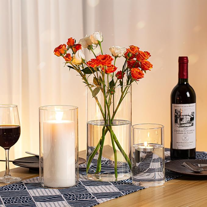 PHOSPHOR 9 PCS Glass Candle Holders for Pillar Candle Clear Glass Cylinder Centerpieces Vases Table Decoration Centerpiece Hurricane Candle Holder Glass