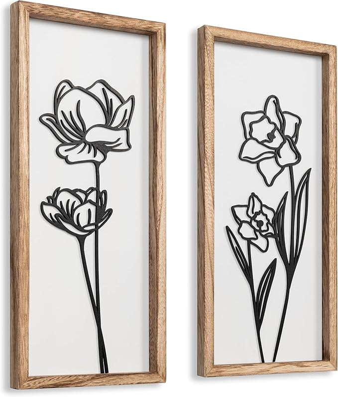 3D Black and White Wall Art (Set of 2) Lightweight, Wooden Ready-to-Hang Framed Floral Wall Art for Bathroom, Bedroom, Living Room or Office – Boho Botanical Farmhouse Decor – Gift-Boxed