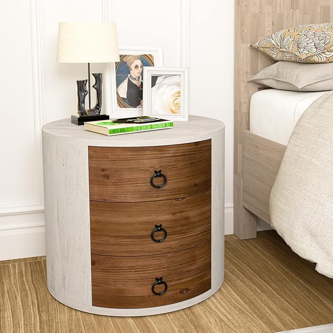 HOMPUS Fully Assembled Round Nightstand, 3 Drawer Chest of Drawers, Wood Rustic Farmhouse Dresser, Retro Modern Night Stand, Wood Rustic Farmhouse Dresser with Drawers for Bedroom, Brown + White
