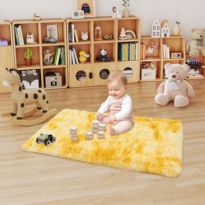 Small Rugs for Bedroom, 2x4 Fluffy Rug, Non-Slip Shag Soft Area Rug, Fuzzy Carpet for Kids Girls Boys, Modern Home Decor Aesthetic, Tie-Dyed Yellow