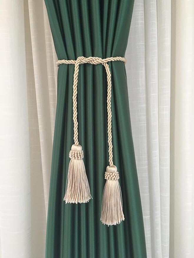 Fenghuangwu Curtain Tiebacks Handmade Decorative Curtain Holdbacks Rope with Tassel (Beige, 4 Pack)
