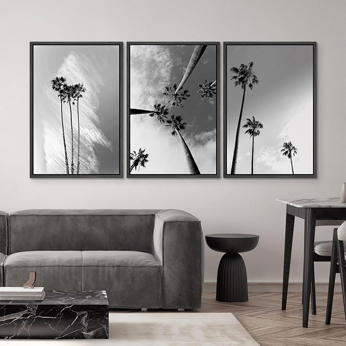 SIGNWIN 3 Piece Framed Canvas Wall Art Black and White Palm Tree Canvas Prints Home Artwork Decoration for Living Room,Bedroom - 16"x24"x3 Panels