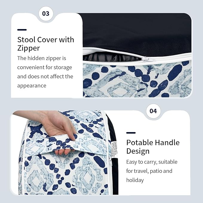 Inflatable Ottoman Stool D21 xH9 for Outdoor/Indoor Use, Water Repellent Patio Foot Rest with Portable Handle,Round Pouf Ottoman Suitable for Garden,Deck and Camping - Boho Geometry Blue