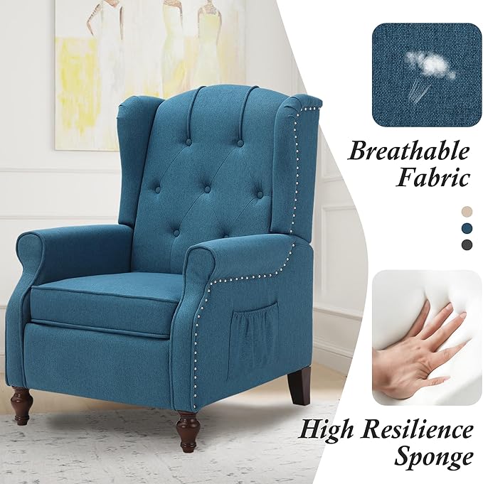 Wingback Recliner Chair with Massage and Heat, Tufted Fabric Push Back Recliner Chair for Living Room, Vintage Wingback Chair with Remote Control, Padded Cushion, Backrest, Wooden Legs