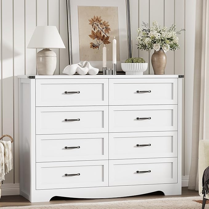 Dresser for Bedroom with 8 Drawers, 48" Wide Wood Chest of Drawers with Deep Drawers & Mental Handle, Modern Dresser TV Stand, Wooden Closet Storage Organizer for Living Room, Hallway, Entryway, White