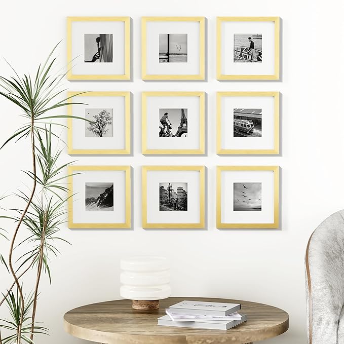 Vittanly 8x8 Picture Frames Set of 9, Shatter Resistant Plexiglass, Display 4x4 Pictures with Mat or 8x8 without Mat, Photo Frames for Wall Mount, Engineered Wood, Gold