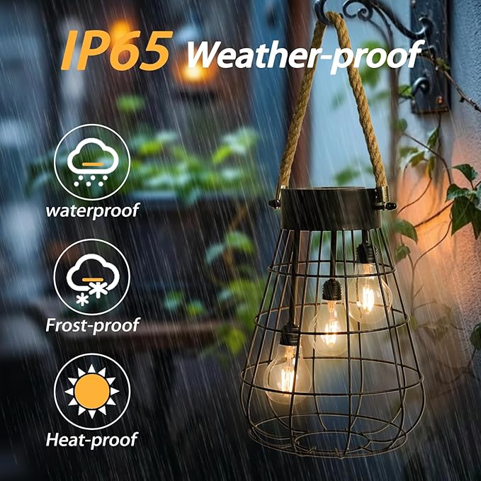 Solar Hanging Lantern with Rope, Vintage Industrial Pendant Light, 12.8" Solar Powered Outdoor Lantern, IP65 Waterproof Garden Light, Warm White Glow, Rechargeable for Patio, Porch, Yard Decor