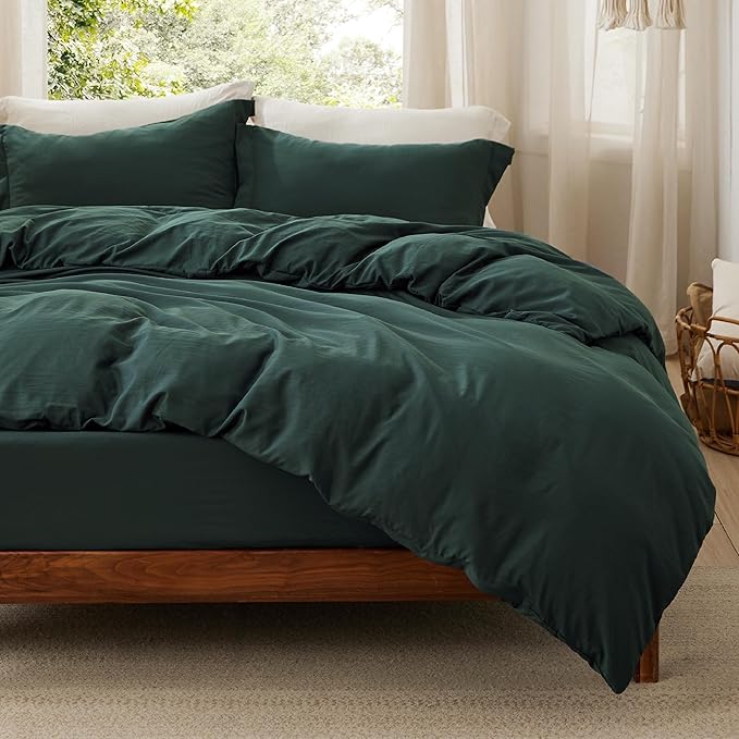 Bedsure Duvet Cover King Size with Fitted Sheet - 4 Pieces Prewashed Cotton-Like Extra Soft Bedding Set, Includes 1 Duvet Cover 104x90 Inches, 2 Pillow Shams, 1 Fitted Sheet, Forest Green