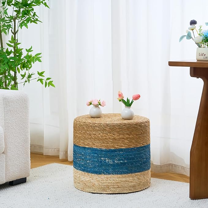 Wimarsbon 18'' Ottoman Pouf, Natural Braided Poof, Rustic Handweave Lounge Pouffe, Boho Footrest Stool for Bedroom, Accent Table for Living Room (18inch Natural Cattail + Blue Corn Husk)