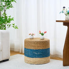 Wimarsbon 18'' Ottoman Pouf, Natural Braided Poof, Rustic Handweave Lounge Pouffe, Boho Footrest Stool for Bedroom, Accent Table for Living Room (18inch Natural Cattail + Blue Corn Husk)