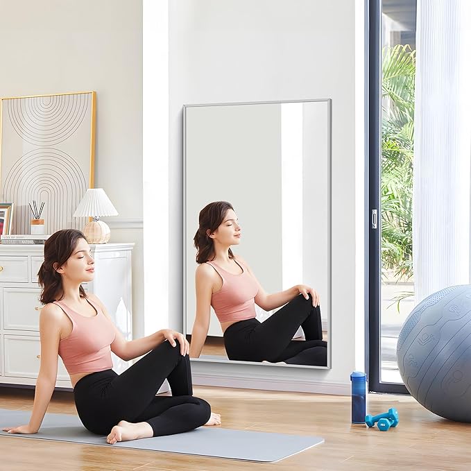 30x55In Silver Bathroom Mirror for Wall, Brushed Nickel Rectangle Mirrors with Metal Frame, Bathroom Rectangular Mirror Modern Wall Mirror for Bedroom Living Room, Hangs Horizontal or Vertical