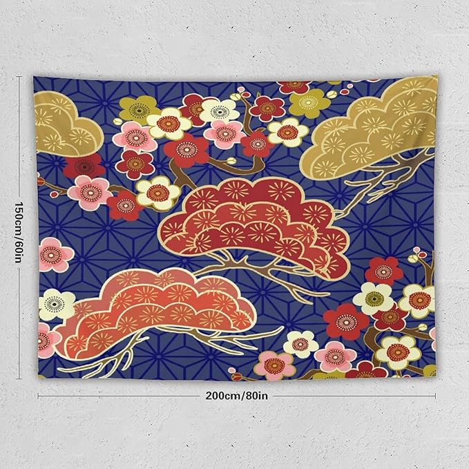 HZOHNAGO Japanese Tapestry Art Abstract Colorful Cherry Blossom Blue Background Pattern Printed Wall Tapestry Painting Wall Hanging for Bedroom Living Room Dorm 80" W x 60" H
