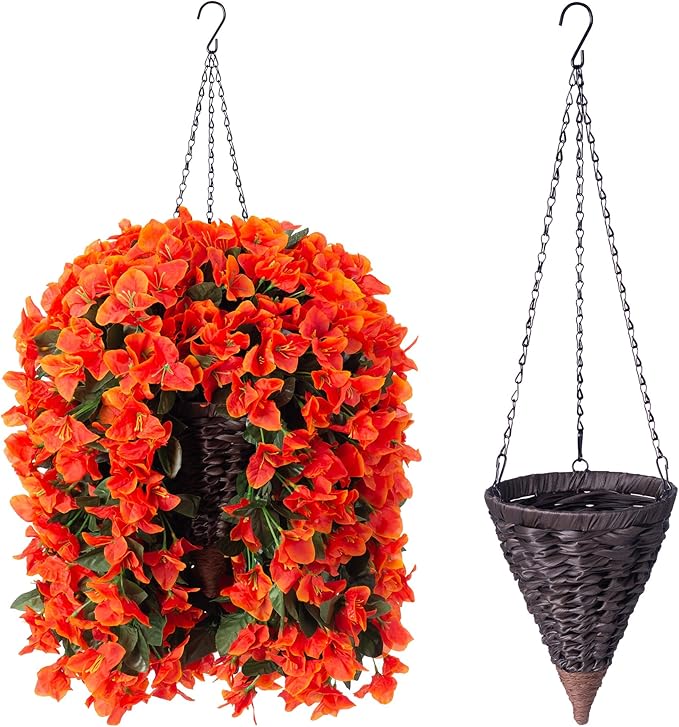 Bougainvillea Artificial Fall Flowers Fake Plants for Outdoors Autumn Decoration, 3PCS Faux Silk Hanging Trailing Vines with Baskets UV Resistant Realistic for Front Door Porch Patio Balcony, Orange
