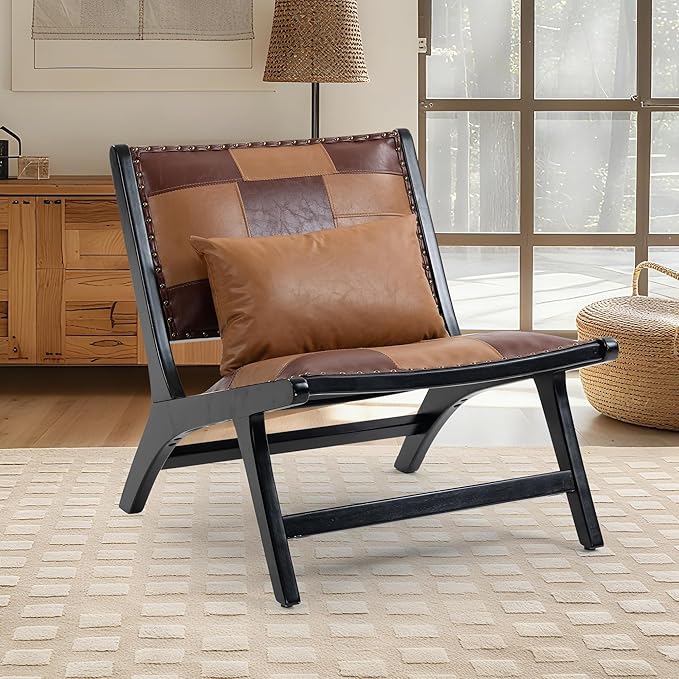 Accent Chair, Modern Comfy Genuine Leather Armless Mid-Century Anthropologie Accent Chairs, Lounge Arm Chair with Solid Wood, Floral Pattern Sofa Chair for Living Room/Office/Balcony/Bedroom
