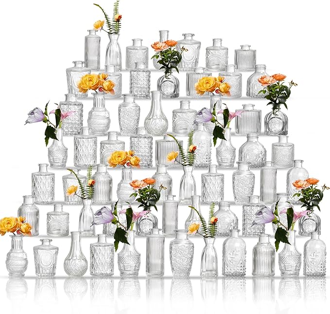 Glass Bud Vases Set of 64 - Assorted Small Mini Glass Vases for Flowers, Crystal Vintage Vase Set, Bulk Centerpieces for Table Décor, Wedding, Home and Events (Clear, 64 Pcs)