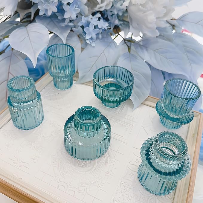 Double Sided Vintage Ribbed Taper Glass Candle Holders,Tea Candle Holder for Table Centerpieces, Wedding Decorations and Dinner Parties (Bule, 3 PCS)
