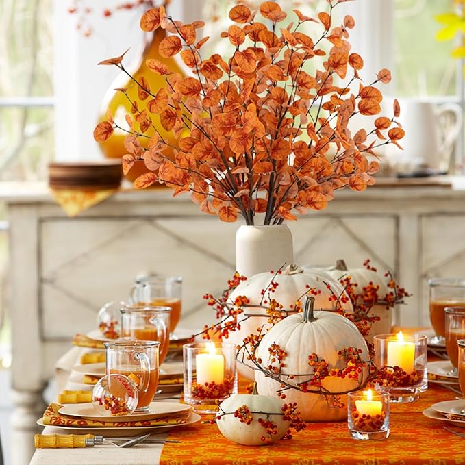 6pcs Artificial Fall Eucalyptus Leaves Stems Fall Decorations Silk Fake Eucalyptus Branches Fall Leaves for Vase Boquets Autumn Home Wedding Table Thanksgiving Decor Orange