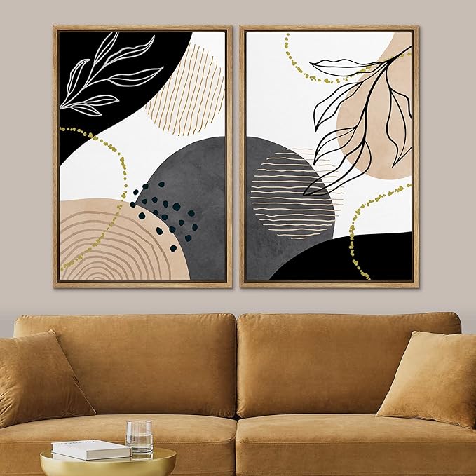 SIGNFORD Framed Canvas Print Wall Art Set Mid-Century Nordic Geometric Ring Plants Abstract Shapes Illustrations Modern Art Decorative Bohemian for Living Room, Bedroom, Office - 16"x24"x2 Natural