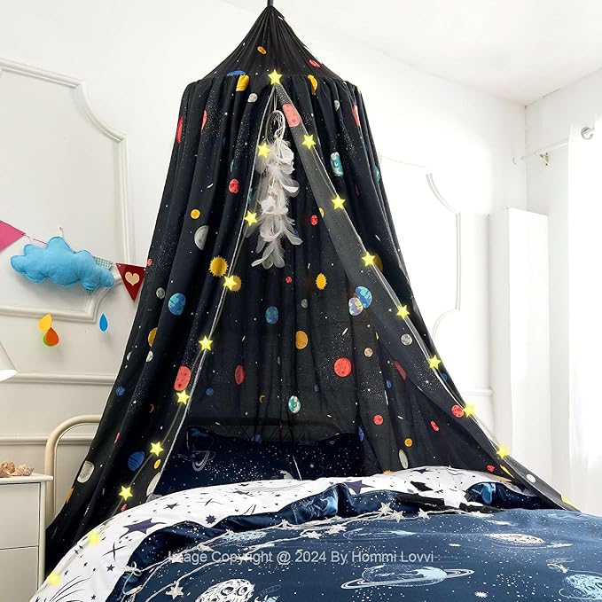 Space Planets Print Kids Bed Canopy, Girls Princess Canopy Dreamy Room Decor, Soft Hanging Reading Nook Play Tent Canopy, Extra Large Full Size Bed Canopy with String Light