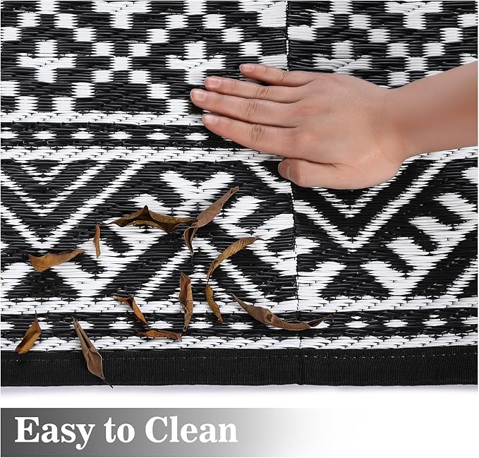 GAOMON Reversible Outdoor Rug 9'x18' Waterproof Plastic Straw Rug, Patio Rug, Large Modern Area Rug Carpet, Indoor Outdoor Rugs for Camping, Porch, Deck, Balcony, Backyard, Black/White(Bohemia)