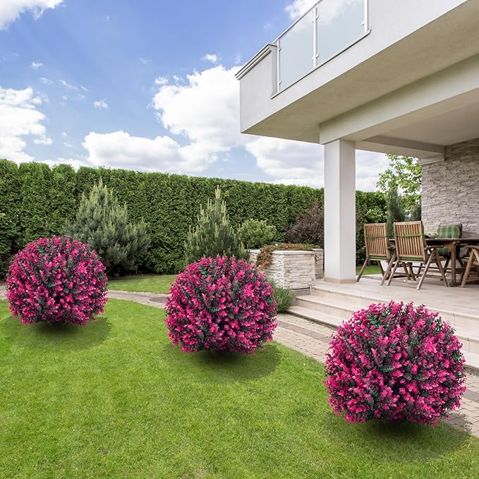 Artificial Topiary Tree with Pink Eucalyptus, Set of 2-17in UV Resistant Fake Evergreen Tree for Porch, Outdoor Artificial Plants for Planters - Ground Spike Included FZHCZWZX