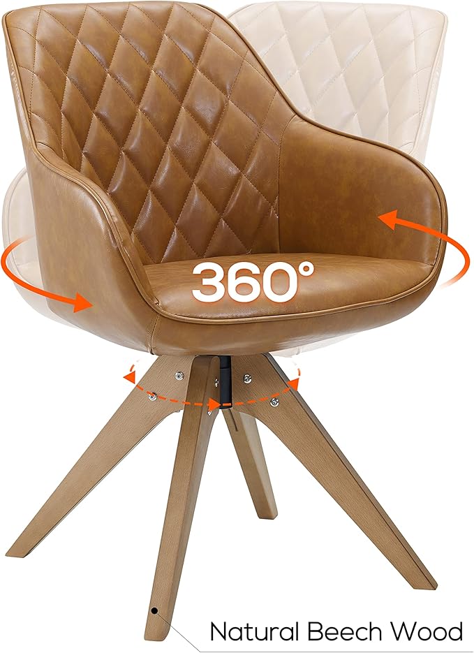 Art Leon Mid Century Modern Swivel Accent Chair with Arms, Beech Wood Legs Leather Upholstered Computer Desk Chair for Small Spaces Home Office Living Room Bedroom, Claybank
