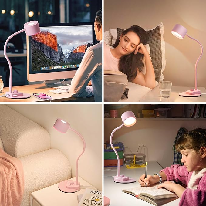 Cute Desk Lamp with USB C + A Charging Port, 5 Colors Dimmable Reading Lamps, Minimalist Pink Lamp for Kids, Eye Care Metal Bedside Table Lamp with Timer Flexible Gooseneck Desk Light for Home Office