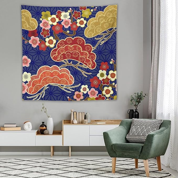 HZOHNAGO Japanese Tapestry Art Abstract Colorful Cherry Blossom Blue Background Pattern Printed Wall Tapestry Painting Wall Hanging for Bedroom Living Room Dorm 60" W x 60" H