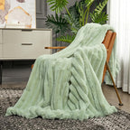 Cozy Bliss Faux Fur Throw Blanket for Couch, Cozy Warm Plush Striped Blanket for Sofa Bedroom Living Room, 50 * 60 Inches Sage Green