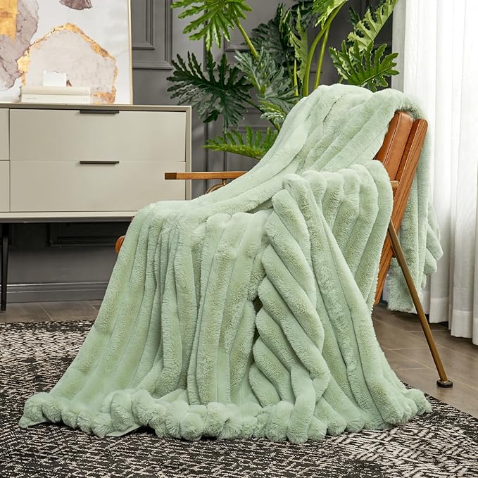 Cozy Bliss Faux Fur Throw Blanket for Couch, Cozy Warm Plush Striped Blanket for Sofa Bedroom Living Room, 50 * 60 Inches Sage Green