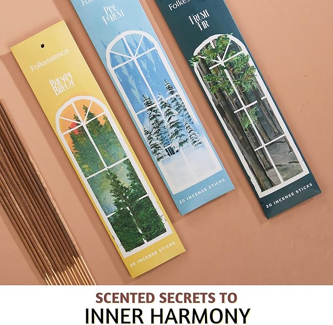Folkulture Incense Sticks with Holder for Gift | Set of 3 Insenses (60 Insence-Sticks) | Organic Balsam Breeze, Fresh Fir | Pine Forest Non Toxic Incents, Incents or Inscents-Sticks (Forest)