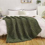 WESHIONGOO Chunky Knit Blanket Throw 50"×60" Knitted Throw Blankets for Couch Bed Fluffy Soft Blanket with Jumbo Chenille Yarn Thick 100% Handmade (Olive Green)