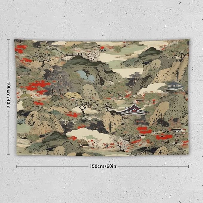 Asian Tapestry,Japanese Red Landscape Asian Watercolor Abstract Art Tapestry, Asian Japanese Wall Tapestry, Nature Landscape Tapestries for Bedroom Living Room Decor 60"x40"