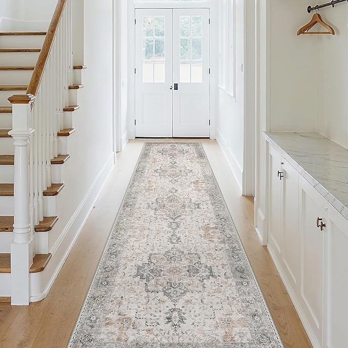 GENIMO 2'6''x16 Runner Rugs for Hallway, Machine Washable Non Slip Vintage Rugs, Low Pile Soft Chenille Print Rug for enrtyway, Corridor, Home Office,Light Taupe Brown
