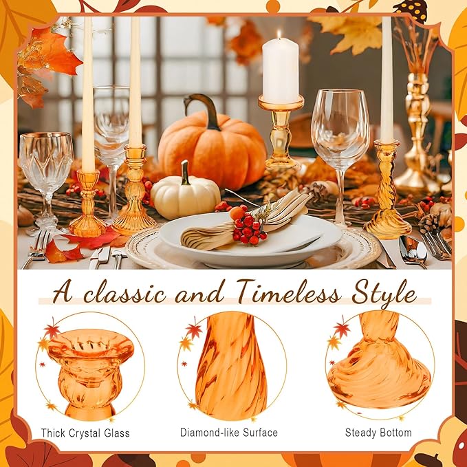 Mumufy 10 Pcs Glass Crystal Taper Candle Holders Clear Glass Candlestick Holder Fit 0.8 Inch Candles Crystal Decorative Candle Stand Centerpiece Table Wedding Dining Party (Classic,Orange)