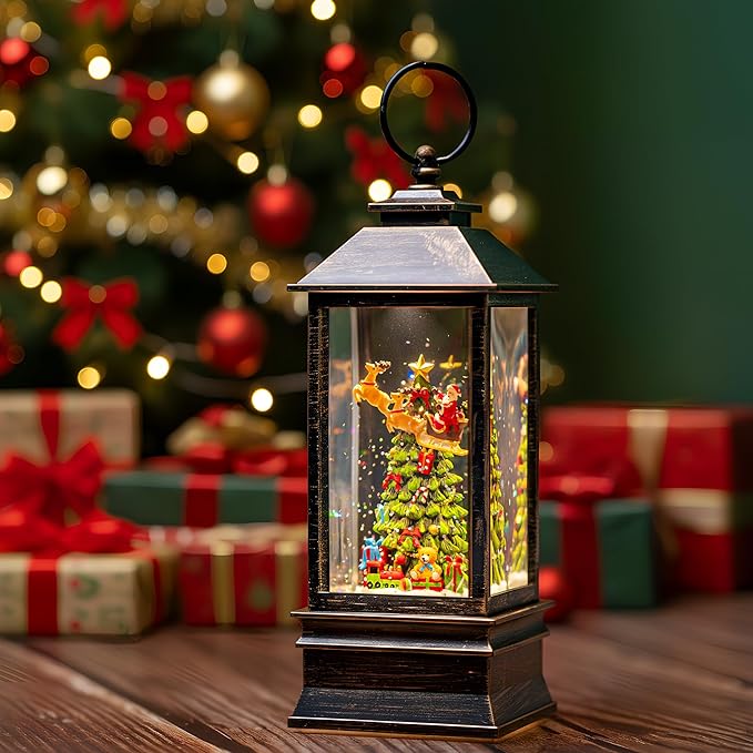 10'' Musical Snow Globe Lantern Lighted Christmas Tree and Flying Santa Water Lantern Swirling Glittering Home Decoration and Gift, Battery Operated or USB Powered