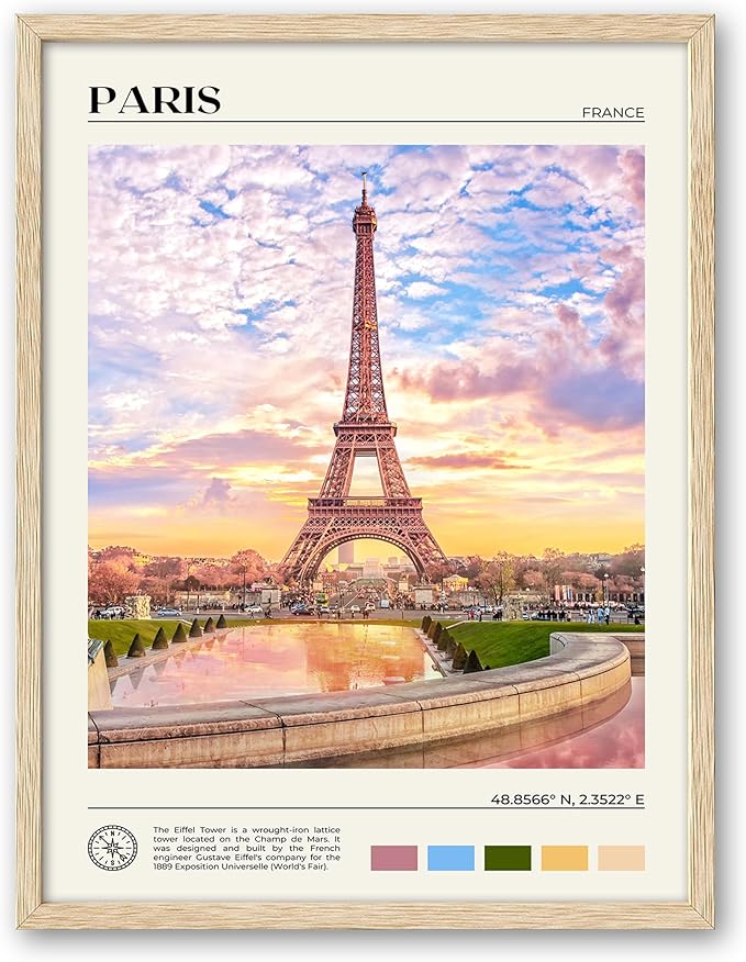 HesenDot Natural OAK Wood Framed Paris City Wall Art,12x16in Iconic Scenery Canvas Wall Print Posters,Classic Urban Landmark Wall Decor for Living Room,Bedroom,Office Gallery Set of 1