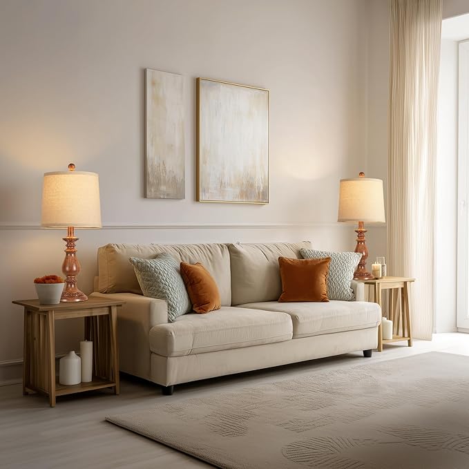 QiMH Farmhouse Table Lamp Set of 2, Rustic Table Lamps for Living Room, Vintage Nightstand Lamp with Rotary Switch, Beside Lamps for Bedroom, Traditional Table Lamps with Linen Shade, Wood Grain