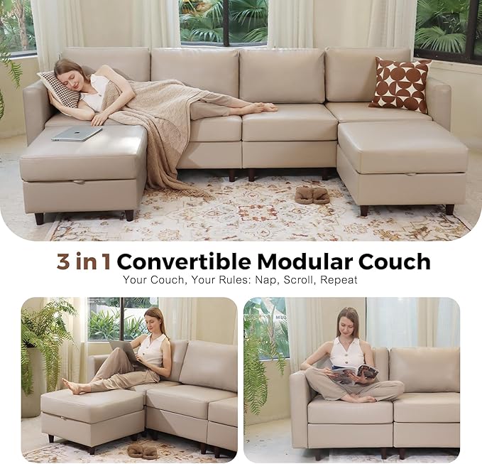 118.5" Faux Leather Modular Sectional Sofa with Storage Seat, Modern 6 Seater Couch Deep Seat with Removable Cover DIY Combination Whitesand
