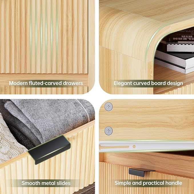 FURSUN 24" Fluted Nightstand with Charging Station, Wooden End Table with 2 Drawers Storage, Curved Profile Design, Modern Bedside Cabinet for Bedroom Living Room, Natural Oak