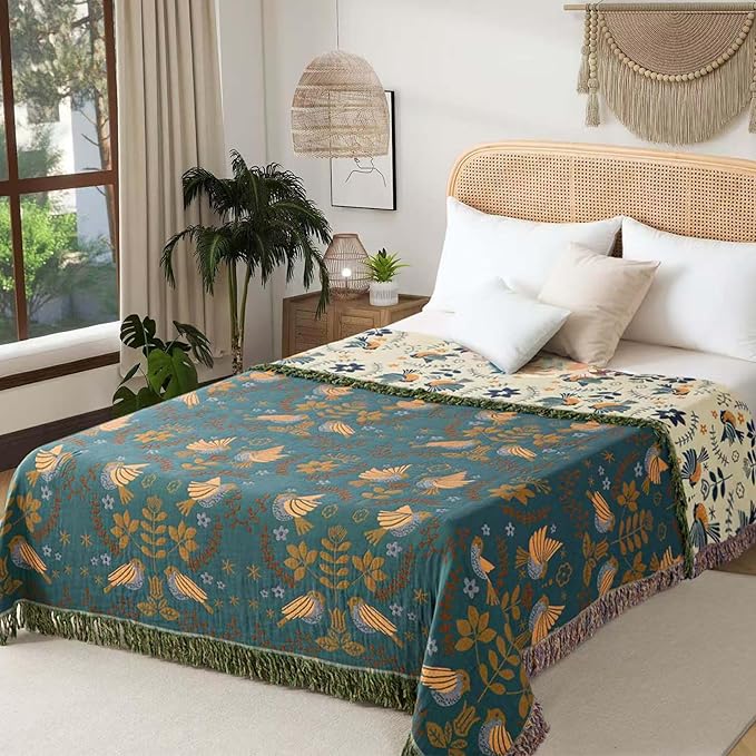 Boho Throw Blanket Full Size, Extra Large Soft Cozy Cotton Muslin Quilt Blanket for Bed Decor, Bird Patterned Couch Sofa Chair Cover, Vintage Farmhouse Cottage Woven Blanket, Green&Beige