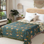 Boho Throw Blanket Queen Size, Oversized Soft Cozy Cotton Muslin Quilt Blanket for Bed Decor, Bird Patterned Couch Sofa Chair Cover, Vintage Farmhouse Cottage Woven Blanket, Green&Beige