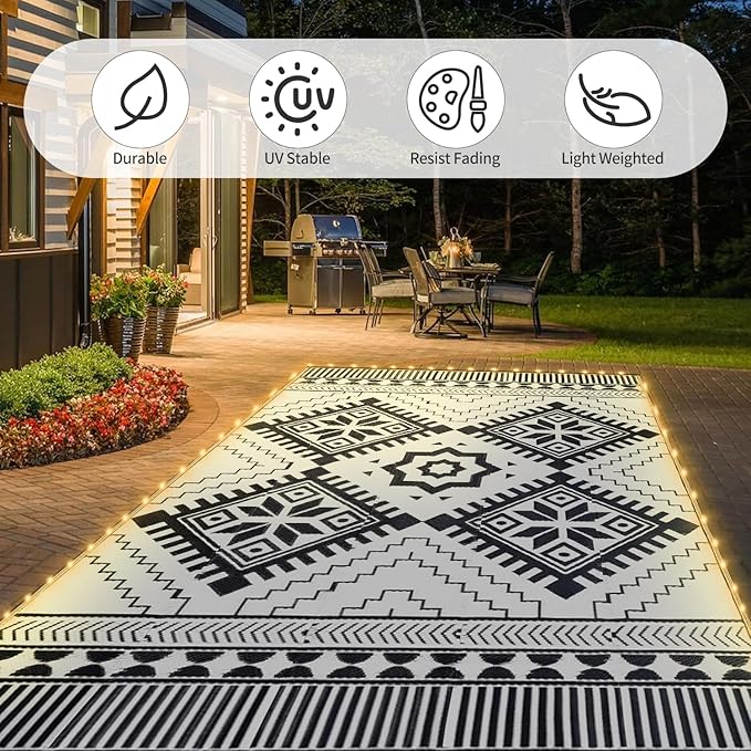 6x9ft Waterproof Outdoor Rug with LED Lights, Boho Reversible Plastic Straw Mat for Patio RV Camping Picnic Balcony Beach Deck Indoor Outdoor Carpet, Black&White