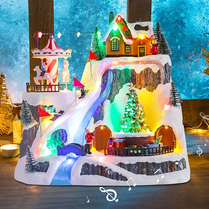 Christmas Village House Musical Christmas Village Skiing on The Mountain Carousel Train Collectible Buildings with LED Lights Vacation with USB Indoor Figurines Decoration