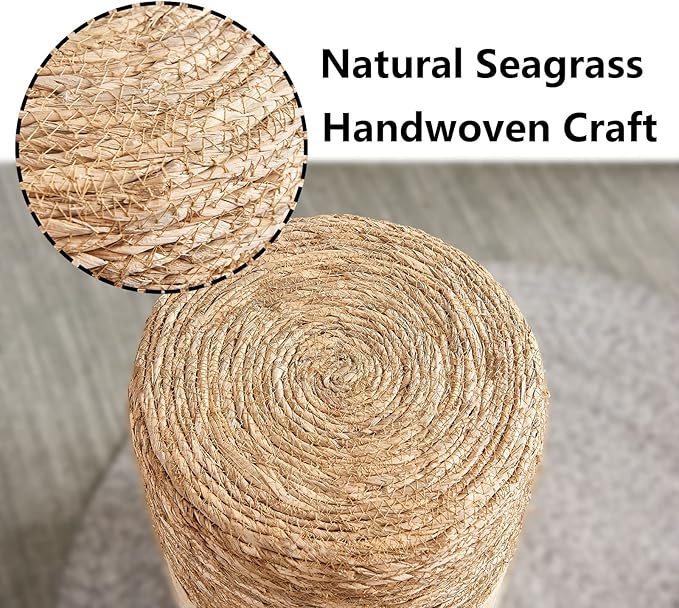 Wimarsbon Natural Seagrass Foot Stool, Hand Weaving Round Ottoman, for Living Room, Outdoor Seat (Natural & Blue)