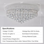 12-Light Crystal Flush Mount Chandelier Ceiling Light Fixture for Living Room Dining Room Bedroom Foyer Entryway Hallway Closet Bathroom (Chrome D24)
