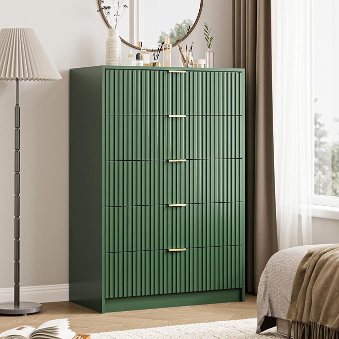 5 Drawer Dresser for Bedroom, Tall Dresser Chest of Drawers with Gold Handles, 32 Inch Wide Nightstand with for Bedroom, Living Rooms, Offices, and Entryways, Green