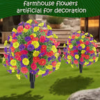 22.8" Set of 2 Fall artificial Boxwood topiary Ball tree for outdoors with Spike,UV Resistant Faux Shrubs Outdoor with morning glory flowers,Faux Plants Bushes for Garden Porch Yard Patio Decor Mix