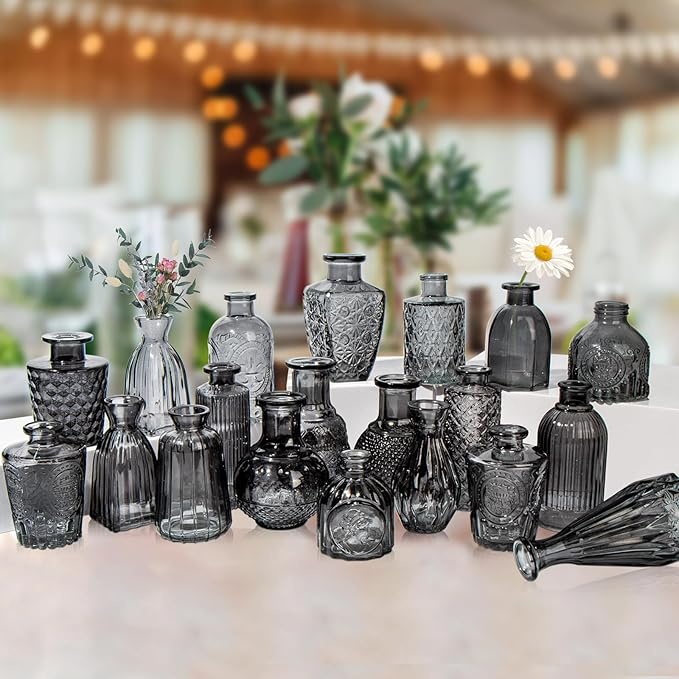 Glass Bud Vases Set of 20, Small Flower Vase in Bulk for Centerpieces, Mini Vintage Grey Vases for Rustic Wedding Vintage Home Table Decor